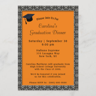 Black Frame Dinner Cap Orange Graduation Invitation