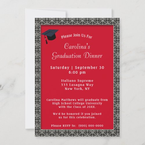 Black Frame Dinner Cap Red Graduation Invitation