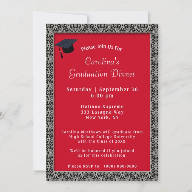 Black Frame Dinner Cap Red Graduation Invitation (Front)