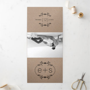 Black frame, initials monogram kraft paper wedding Tri-Fold invitation