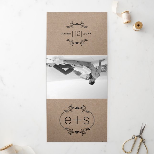 Black frame, initials monogram kraft paper wedding Tri-Fold invitation (Outside)