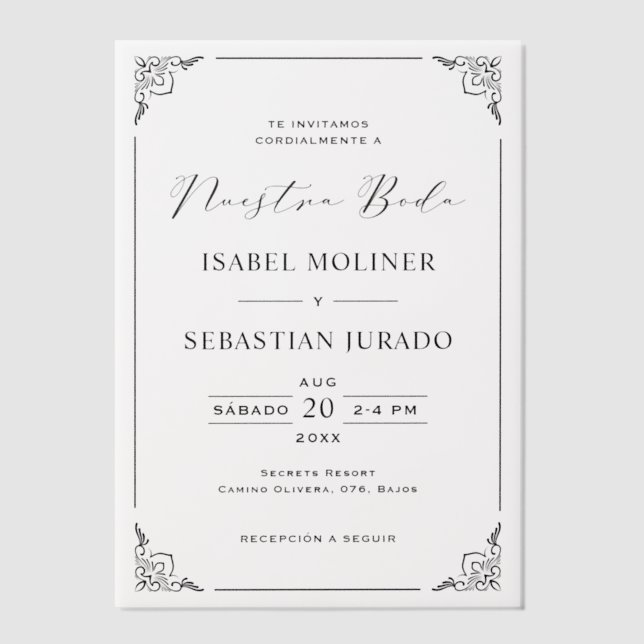 Black Frame Motif Nuestra Boda Spanish Wedding Vellum Invitations (Front)