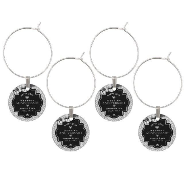 Black Frame White Glitter 25th Wedding Anniversary Wine Glass Charm (Staggered)