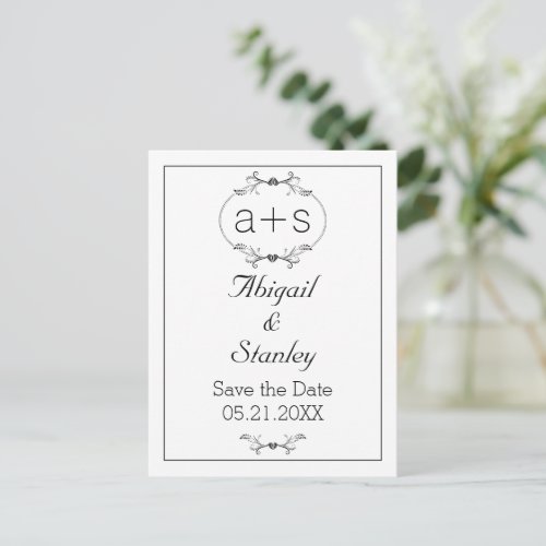 Black frame with initials wedding Save the Date Announcement Postcard