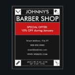 Black framed barber style  flyer<br><div class="desc">Standout thin frame cover with barbers tools. ideal for barber and hairdresser business. Background color could be edited in further editing options.</div>