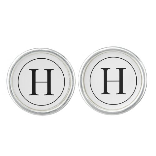Black Framed Bold Initial on White SS Plated Cufflinks