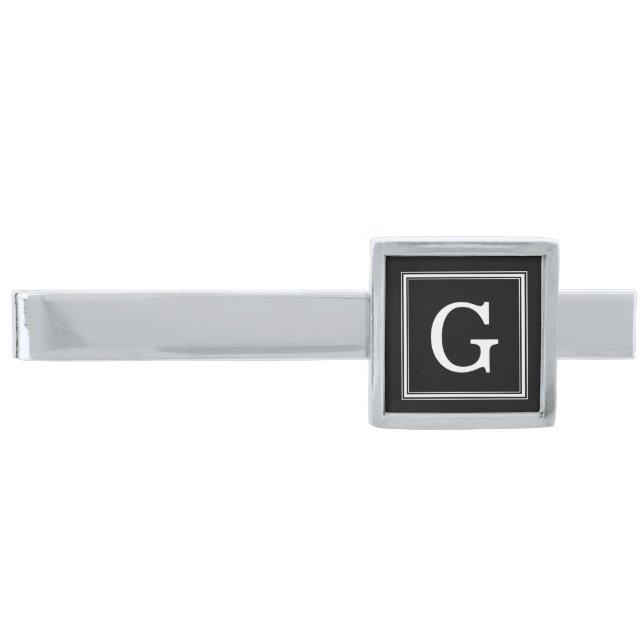 Black Framed Monogram Silver Finish Tie Clip (Front)