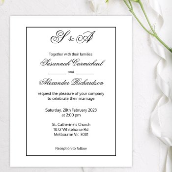 Black Framed Monograms Minimalist Budget Wedding Flyer by theelegantwedding at Zazzle