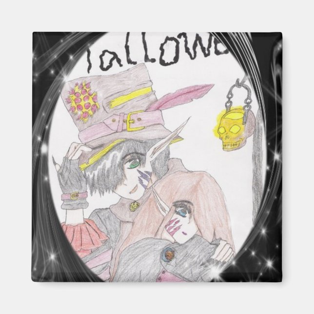 Black Framed Spooky Halloween Couple Drawing Magnet (Front)