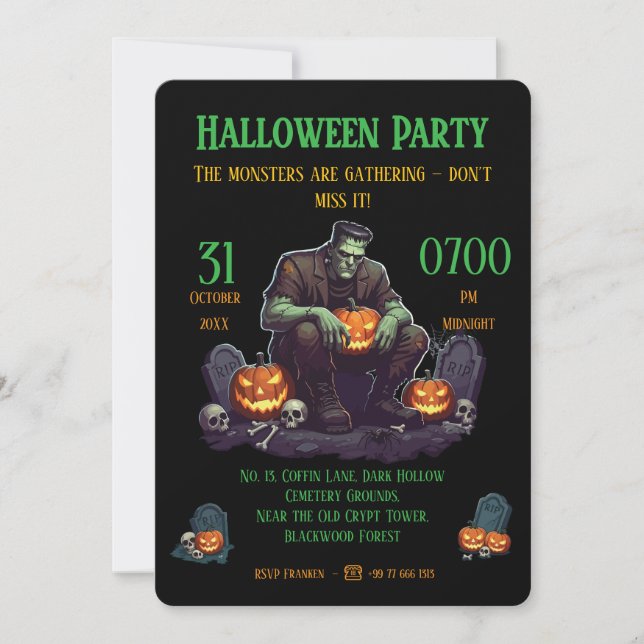 🖤 Black Frankenstein Halloween Party Invitation (Front)