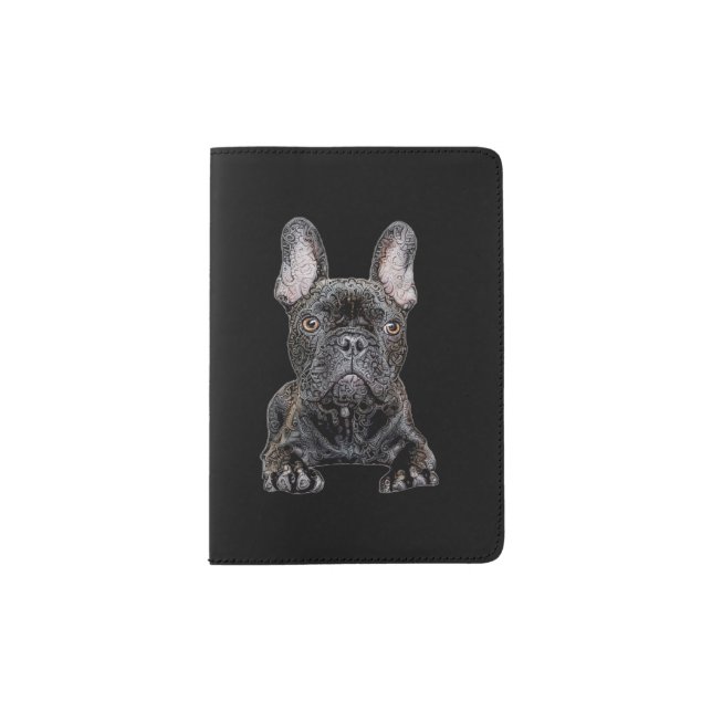 Black French Bulldog Abstract Doodle Passport Holder (Front)