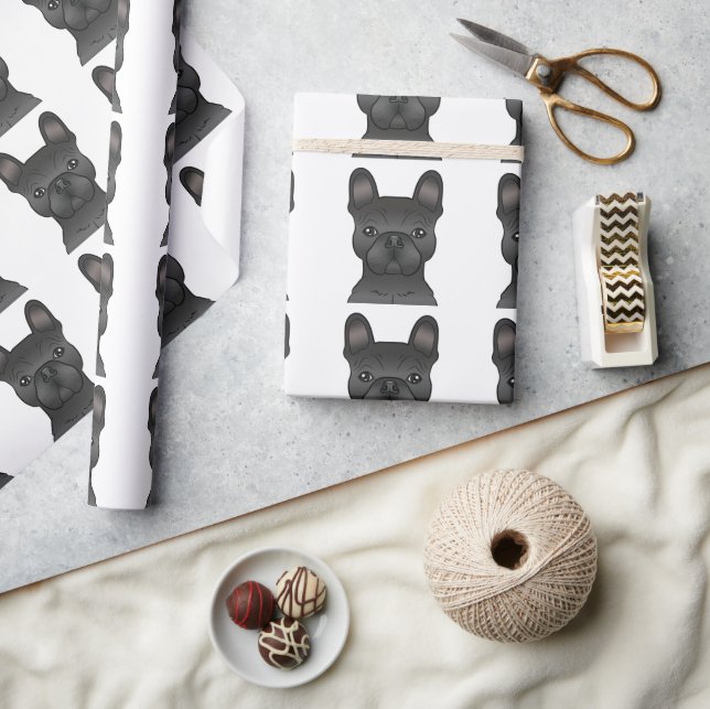 Black French Bulldog Cartoon Dog Head Pattern Wrapping Paper (Crafts)