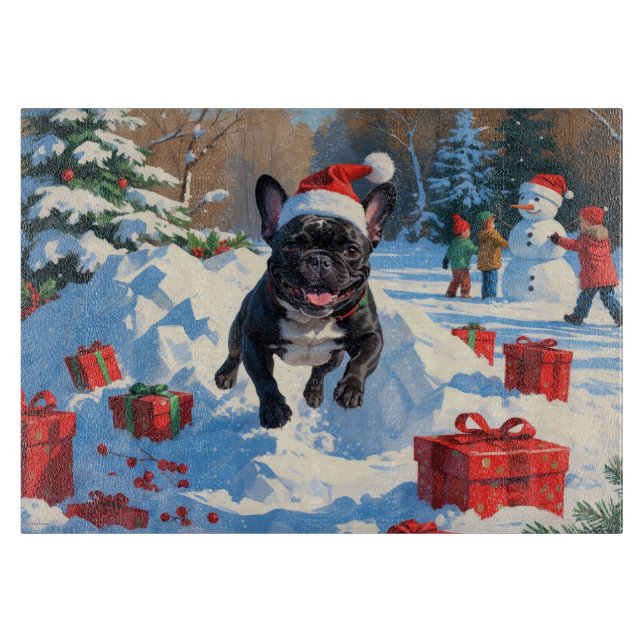 Black French Bulldog Christmas Festive Snow Scene Cutting Board (Front)