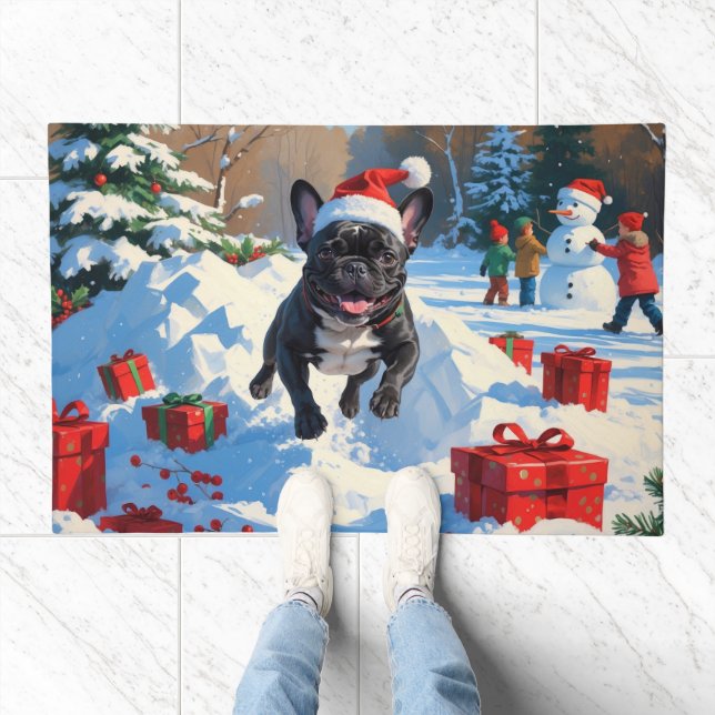 Black French Bulldog Christmas Festive Snow Scene Doormat (Indoor)