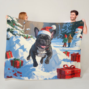 Black French Bulldog Christmas Festive Snow Scene Fleece Blanket