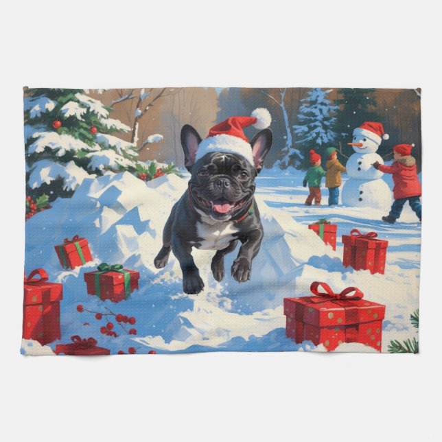 Black French Bulldog Christmas Festive Snow Scene Kitchen Towel (Horizontal)