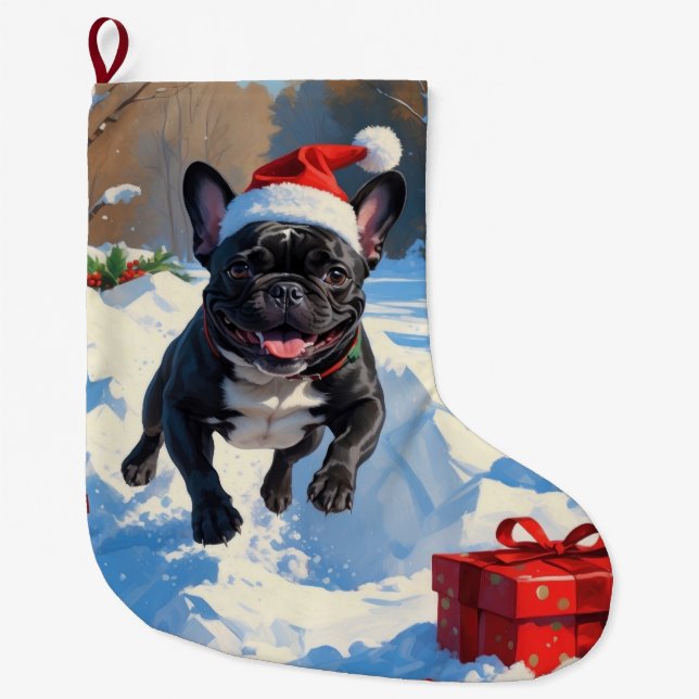 Black French Bulldog Christmas Festive Snow Scene Large Christmas Stocking (Front)