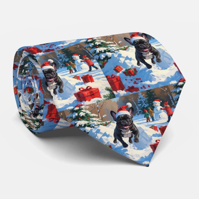 Black French Bulldog Christmas Festive Snow Scene Neck Tie (Rolled)