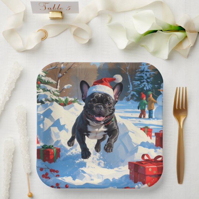 Black French Bulldog Christmas Festive Snow Scene Paper Plates (Wedding)