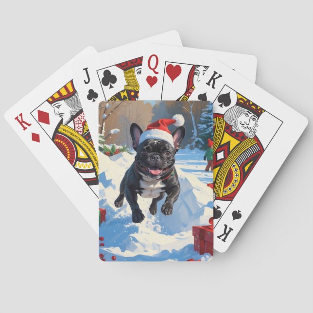 Black French Bulldog Christmas Festive Snow Scene Poker Cards (Back)