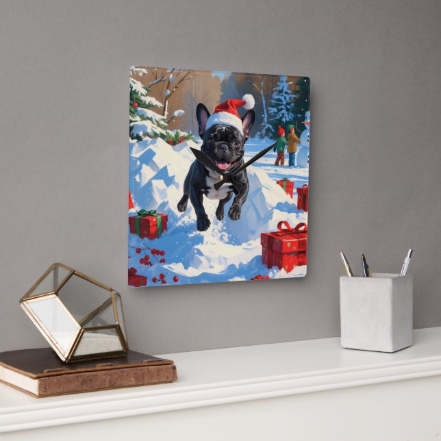 Black French Bulldog Christmas Festive Snow Scene Square Wall Clock (Office)