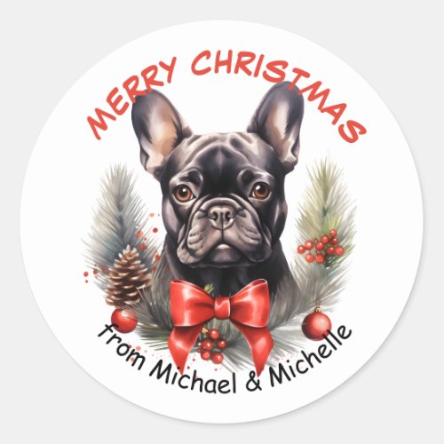 Black French Bulldog Christmas Red Bow Wreath Classic Round Sticker