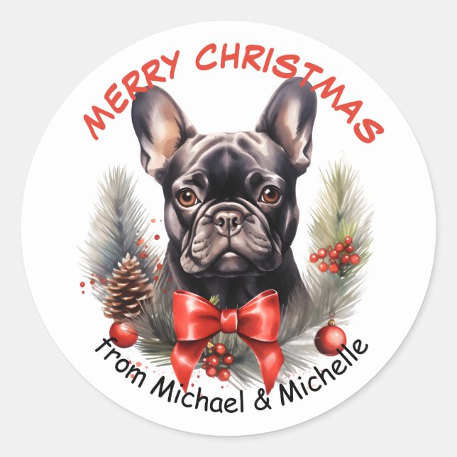 Black French Bulldog Christmas Red Bow Wreath Classic Round Sticker (Front)