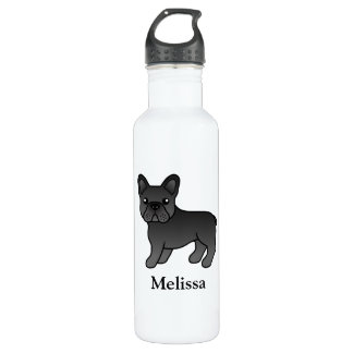 Black French Bulldog Cute Cartoon Dog &amp; Name Stainless Steel Water Bottle