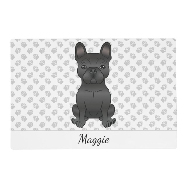 Black French Bulldog Dog Sitting & Custom Name Placemat (Front)