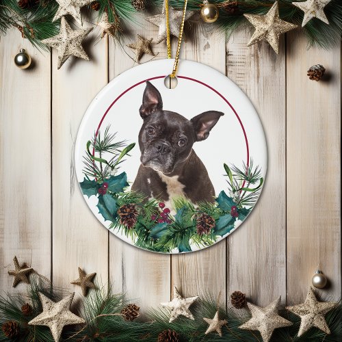 Black French Bulldog Evergreen Berry Wreath Ceramic Ornament