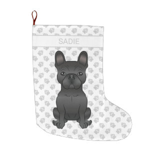 Black French Bulldog / Frenchie Cartoon Dog &amp; Name Large Christmas Stocking