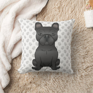 Black French Bulldog / Frenchie Cartoon Dog & Paws Throw Pillow