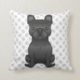 Black French Bulldog / Frenchie Cartoon Dog &amp; Paws Throw Pillow
