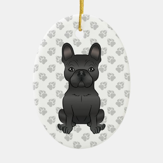 Black French Bulldog / Frenchie Cartoon Dog & Text Ceramic Ornament (Front)