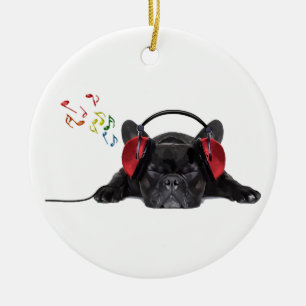 Black French Bulldog Grooving to His Tunes Ceramic Ornament