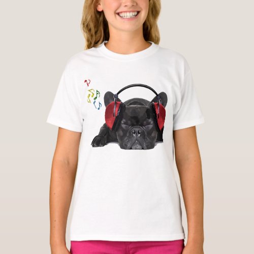Black French Bulldog Grooving to His Tunes T_Shirt