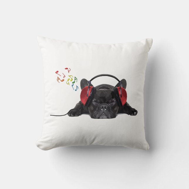 Black French Bulldog Grooving to His Tunes Throw Pillow (Front)