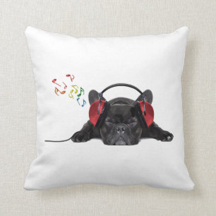 Black French Bulldog Grooving to His Tunes Throw Pillow