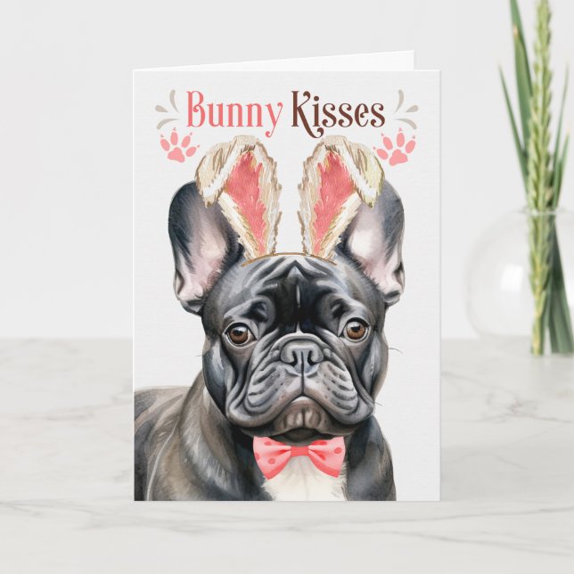 Black French Bulldog in Bunny Ears for Easter Holiday Card (Front)