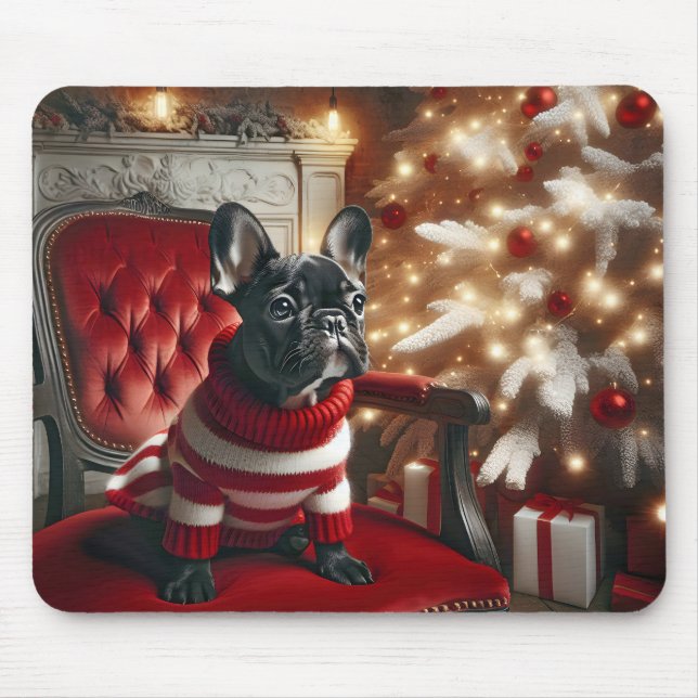 Black French Bulldog On Vintage Chair Mouse Pad (Front)
