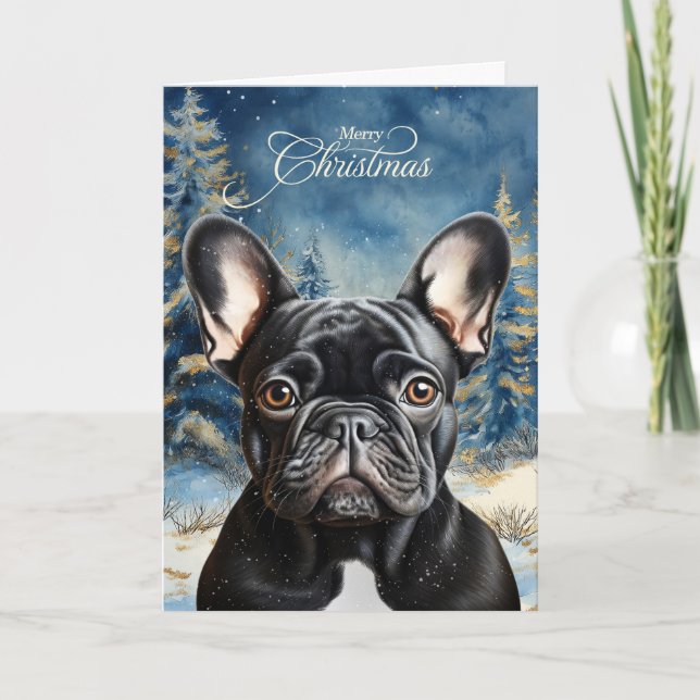 Black French Bulldog Pine Winter Forest Christmas Holiday Card (Front)