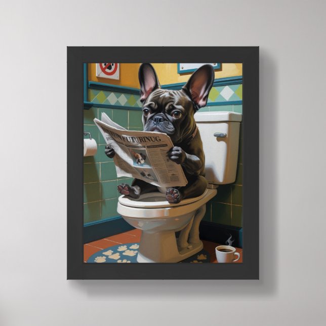 Black French Bulldog Sitting On Toilet Funny  Framed Art (Framed Front)