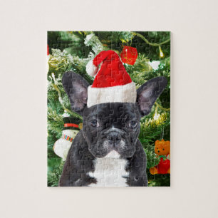 Black French Bulldog Wearing Santa Hat Christmas Jigsaw Puzzle