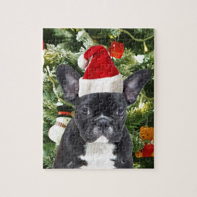 Black French Bulldog Wearing Santa Hat Christmas Jigsaw Puzzle (Vertical)