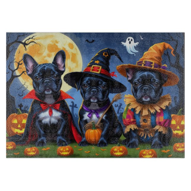 Black French Bulldogs Pumpkin Halloween Funny Cutting Board (Front)