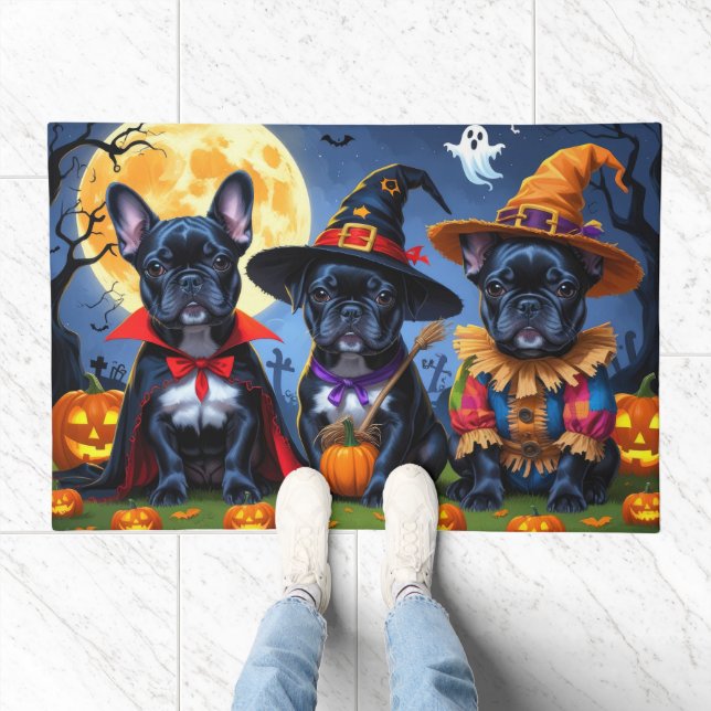 Black French Bulldogs Pumpkin Halloween Funny Doormat (Indoor)