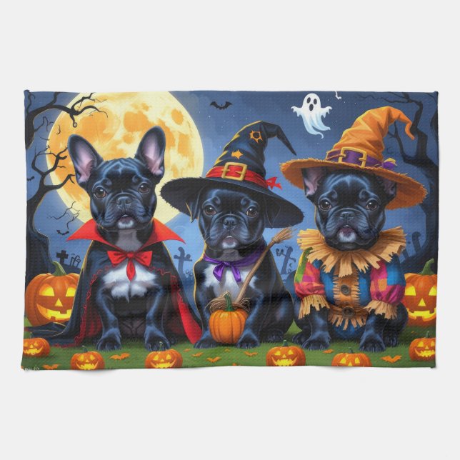 Black French Bulldogs Pumpkin Halloween Funny Kitchen Towel (Horizontal)
