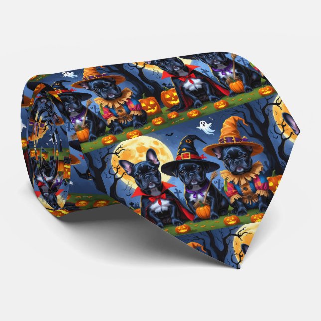 Black French Bulldogs Pumpkin Halloween Funny Neck Tie (Rolled)