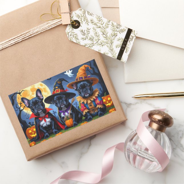 Black French Bulldogs Pumpkin Halloween Funny Rectangular Sticker (Gifting)