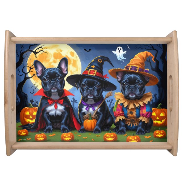 Black French Bulldogs Pumpkin Halloween Funny Serving Tray (Front)